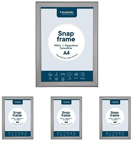 EUROPEL Klapprahmen A4 mit 20 mm Aluminium-Profil - aufklappbarer Plakatrahmen mit Gehrungsecke - Schnapprahmen für u.a. Poster, Zertifikate, Fotos & Werbemittel - Silber (Packung mit 4)