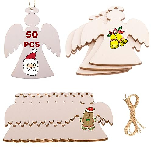 Unlackierte Holzkreise mit Löchern für Weihnachtsschmuck, runde Kugeln und Baumschmuck, Holzscheiben für Engel-Bastelarbeiten, 50 Stück