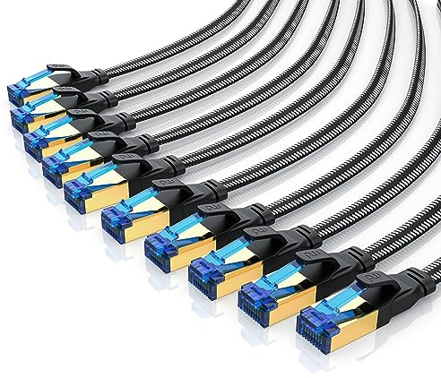 CSL 10 x 0,25m CAT 8.1 Netzwerkkabel Flach 40 Gbits, Baumwollmantel LAN Kabel Patchkabel, RJ45 Ethernet Cable 40000 Mbits Geschwindigkeit Flachbandkabel Verlegekabel
