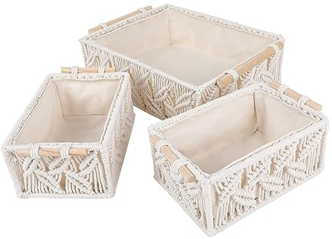 GDWD Makramee Aufbewahrungskörbe, 3er Set Boho Dekor Box, Handgemachte Gewebte Körbe mit Griff, Dekorative Arbeitsplatte Toilettentank Regal Schrank Organizer für Schlafzimmer Kinderzimmer Wohnzimmer