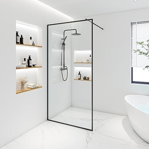 Home Deluxe - Duschabtrennung - BAKI - Breite: 150 cm, Schwarzer Rahmen, Klarglas, 1 Raster Optik - 10 mm ESG - Sicherheitsglas I Walk in Dusche, Duschwand, Duschtür