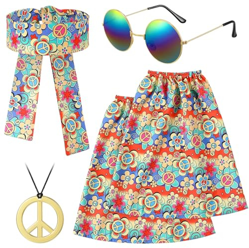 Hestya 4 Stück Hippie Kostüm Damen Set 60 70er Jahre Hippie Outfit Stirnband Beinstulpen Frieden Zeichen Halskette Sonnenbrille Accessoires für Karneval Mädchen Frauen