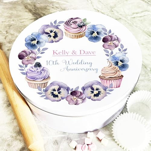 Round Cupcakes & Pansies Flowers 10th Wedding Anniversary Personalised Cake Tin Personalised Gift | Custom Gift | Personalized Tin | Cake, Biscuit & Treat Tins | Gift For Her | Gift For Him
