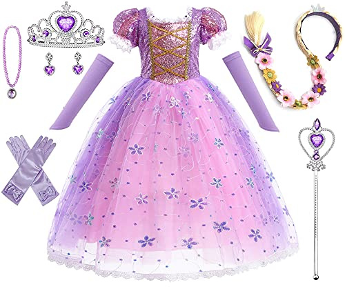 HEYOUTH Disfraz Rapunzel Niña,Disfraz Princesa Niña,Vestido Princesa Niña de Soplo Tul Brillante,con 7 Accesorios,Disfraz de Halloween, para Niña de Cosplay, Cumpleaños, Carnaval