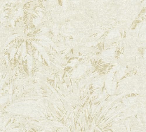 Livingwalls Carta da parati beige bianco – giungla 395601 – Carta da parati in tessuto non tessuto di alta qualità floreale con effetto metallico sobrio in oro, 10,05 m x 0,53 m