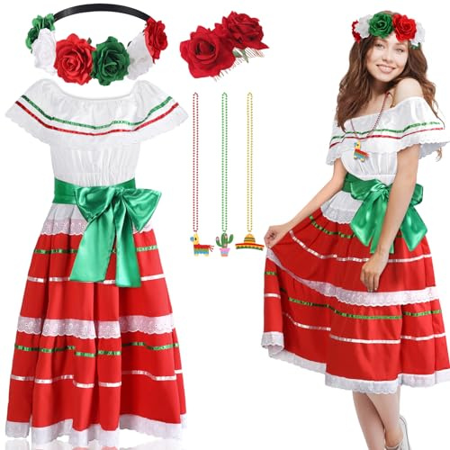 Halfchet 6 Pcs Mexicanos Traditional Dress Women Folklorico Vestidos Outfit Mexican Skirt Carnival Halloween Costume(Large)