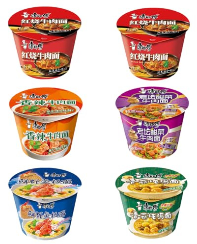 YIJIA | Pack 6 | Variedad de saboresInstant Cup Noodle Tallarines - Ramen Fideos Instantáneos - Sabor 1x Mariscos, 2x Ternera, 1x Pollo Y Seta Shitake, 1x Ternera Picante, 1x Chucrut Chino