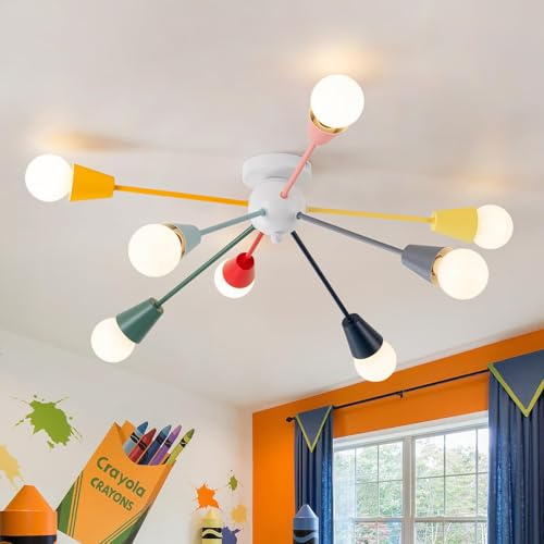 Ymlii Lámpara de araña colorida, lámpara de araña Sputnik moderna de 8 luces, lámpara de techo para niños con arco iris multicolor, luces de techo semiempotradas para sala de estar, comedor
