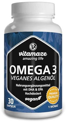 Omega 3 Vegan, 1080 mg con 375 mg di DHA e 125 mg di EPA per 1 Capsula al Giorno di Olio di Alghe Omega 3 Vegetale di Alta Qualità, Massima Biodisponibilità, per 30 Giorni, Vitamaze®