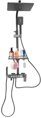 Duschsäule mit Thermostat, Duschset mit LED-Anzeige und Ablagen, vier Wassermodi und drei Duschmodi mit manuellen Strahlen, höhenverstellbar 85 – 120 cm (schwarz)