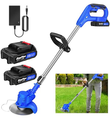 Portable Garden Strimmers Electric Bush Cutter with 2 Types Blades, Handheld Weed Trimmer with Wheel Edge Guide, Extendable Length, 2 * 1500mAh Charger & Batteries Included, for Garden Lawn