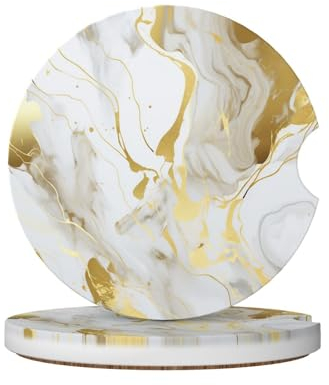 Mexpekil Sottobicchieri per auto con texture in marmo bianco, confezione da 2 pezzi, inserto in ceramica per portabicchieri, per bevande con base in sughero