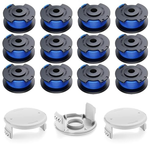 Rasentrimmer Spule Für Ryobi Rasentrimmer,Ersatz Spule Trimmerspulen AC14RL3A für Ryobi One+ 18V 24V 40V Rasentrimmer Enthält Fadenspule und Kappendeckel,3,3m x ⌀1.65mm,12 Ersatzspulen + 3 Kappe