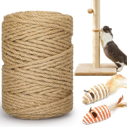 HezzLuv 328FT/100M Cat Scratching Sisal Rope, 6mm 1/4 inch Thick Natural Jute Rope for Scratch Posts, Cat Trees, DIY Projects, Sisal Rope for Cat Scratcher with 2 Cat Mouse Toys (Natural, 328ft)