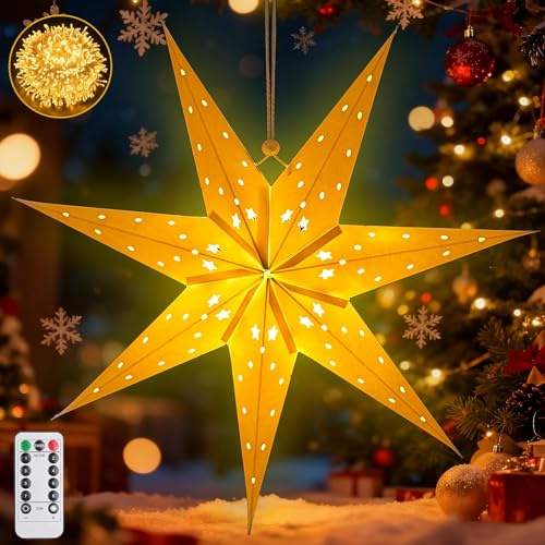 Stella di carta a LED da 45 cm, illuminata da appendere, 3D, per finestre, Natale, dell'Avvento, con luce bianca calda, stelle luminose 3D, stelle di carta bianca