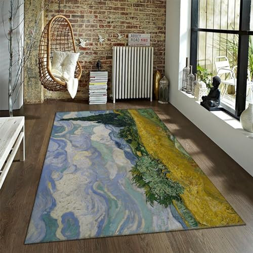FEIPUHOME Art Rural Area Rugs Cypress Trees in Wheat Field Famous Painting Prints Carpets Low Pile Bedroom Living Room Kitchen Decor Mat 120x150cm