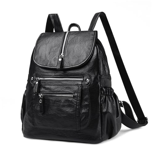 DEEVORCA Mochila de Mujer Moda Mochila a Doble Hombro Para Mujer Mochilón Para IPad de Señora Mochila Escolar Vacaciones Turismo Mochila Diseño Con Tapa Abatible Mochila Dama Impermeable PU Negro