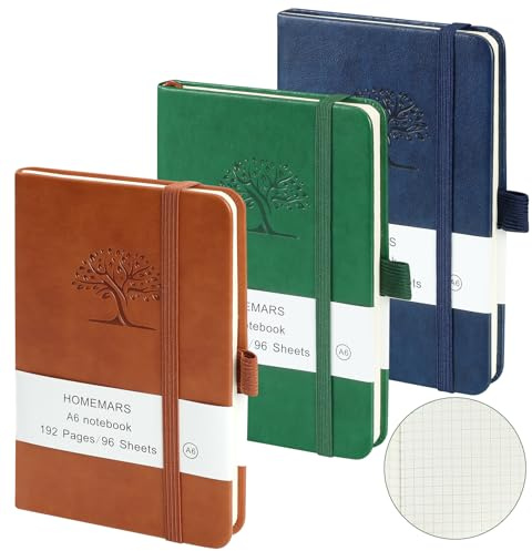 HOMEMARS libretas A6, Marrón Verde Azul, Cuadriculado, cuaderno pequeño, bloc de notas de 14,4 cm x 9,6 cm,192 páginas, cuaderno de bolsillo, diario de viaje, cuaderno de cuero,80GSM