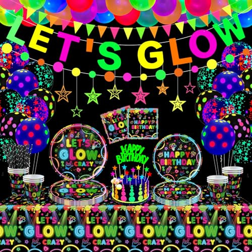 163 Pack Glow Party Supplies Neon Birthday Decorations Glow Parties Tableware Set Including Plates Banner Balloons Napkins Tablecloths Neon in Dark Theme Party Supplies Serves 20