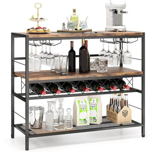 COSTWAY Mobile Portabottiglie di Vino e Calici da Terra, Scaffale Porta Vino su 3 Ripiani con Supporti per Bicchieri e Bottiglie, Tavolo Porta Vino da Bar, per Cucina e Soggiorno, Marrone Rustico