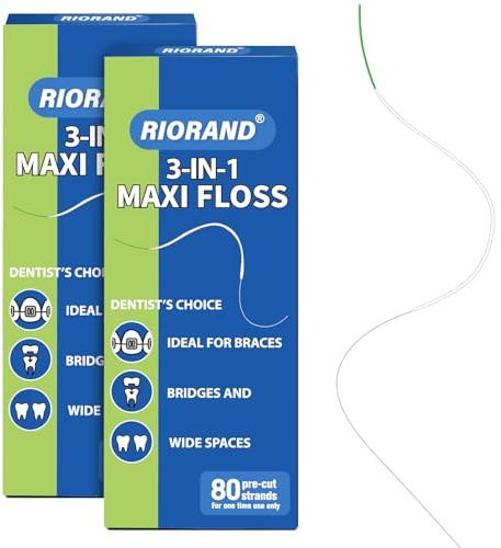 RioRand Spezialzahnseide für Spangen, Brücken & Implantate – PTFE & PFAS-frei – 3-Phasen-Reinigung mit integriertem Einfädler – 160 vorgeschnittene Fäden (2er Pack)
