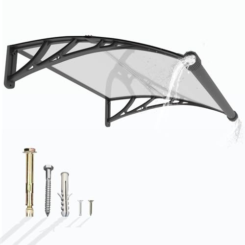 Window Awning Door Canopy 40x48, Awnings for Doors Polycarbonate Cover Patio Door Awning UV Rain Snow Sunlight Protection Hollow Sheet with Separate Drainage Sink, Black Bracket & Transparent Board