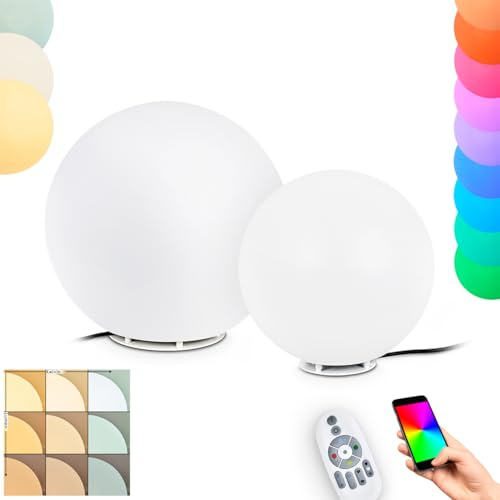 HOFSTEIN Kugelleuchte Ilorn, Kugellampen 2er Set aus Kunststoff weiß, RGB Wegelampe Ø 30, 39 cm mit Fernbedienung, CCT einstellbar 2700-6500, Farbwechsler, Außenleuchte Garten, IP 65, 2xE27 inkl.