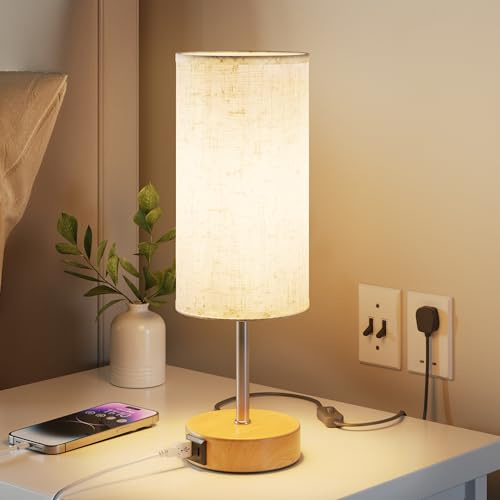 UPXNBOR Touch Bedside Lamps, Table Lamp for Bedroom and Living Room with USB-A & USB-C Charging Ports, 3-Way Dimmable Bedside Lamps, Linen Fabric Shade, (LED Bulb Included)