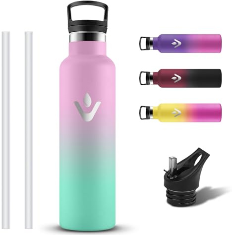 Grsta Botella Agua Acero Inoxidable, Botella Termica 750ml con Pajita y Filtro, Cantimplora Termica a Prueba de Fugas, Reutilizable Termo con 2 Tapones sin BPA para Gimnasio, Oficina, Bicicleta