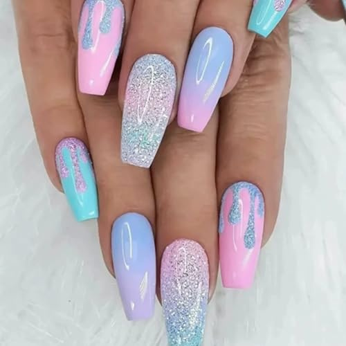 French Macaron Ombre Coffin Press On Nails With Glitter Sequins And Drip Patterns Gradient Gel Look - Reusable ABS Material False Nails Set In Multiple Sizes Including Application Tools For Parties