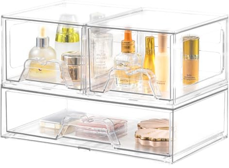 Stebopum Stapelbare Schubladenbox Kosmetik Organizer mit 3 Schubladen | Acryl Transparent Schminktisch Organizer für Schublade,Schmink organizer,Badezimmer Aufbewahrung und Organisation