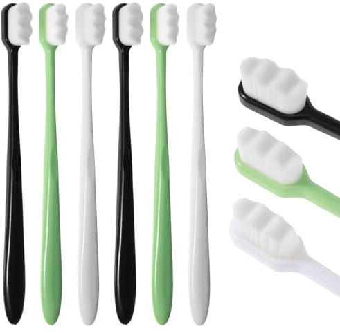 Guduling Lot de 6 brosses à dents extra douces - Micro Nano - Pour adultes et enfants - Brosses à dents manuelles pour gencives fragiles (noir, blanc, vert)