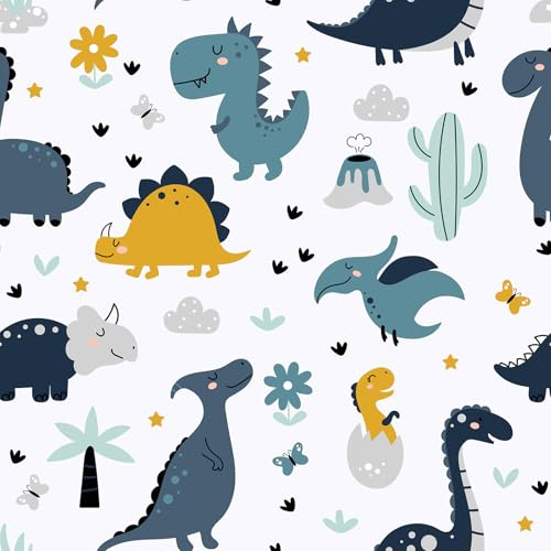FANCYEASY Baby Dinosaur Wallpaper Peel and Stick Funny Kids Wallpaper for Boys Room Bedroom Nursery Self Adhesive Cartoon Dino Palm Tree Volcano Wall Mural Removable Animal Contact Paper 12x100