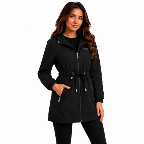 Spyder Leichte Damen-Jacke – wind- und wasserabweisend, 2-Wege-Stretch, lange Steppjacke mit Kapuze für Damen mit Taschen
