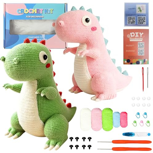 Bcuuozeeing Häkelset für Anfänger, Häkelset für Tiere, Häkel-Starter-Kits, Erwachsene Kinder Häkelnadel Set für Anfänger, Süße Gehäkelte Dino, Wunderbar Kreative Geschenke