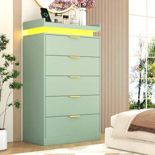 knoworld Tall Dresser for Bedroom, Dresser with LED Lights, Wood 5 Drawer Chest with Power Outlet, Modern Chest of Drawers for Bedroom, Living Room, Entryway, Hallway, Green