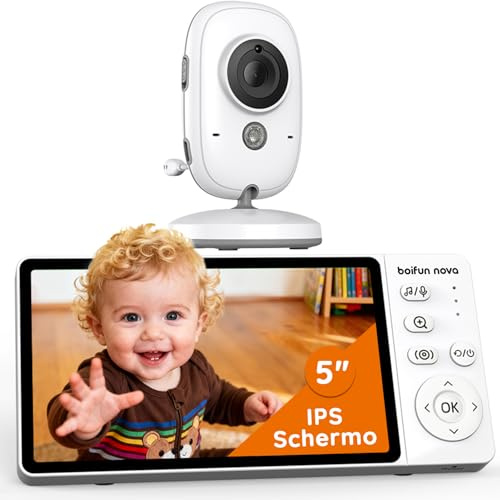 boifun nova Baby Monitor Senza WiFi, Video e Audio con Telecamera 1080P, Schermo IPS da 5, Visione Notturna Invisibile, VOX, Audio Bidirezionale, Zoom 3X, Temperatura, Ninne Nanne, Plug & Play