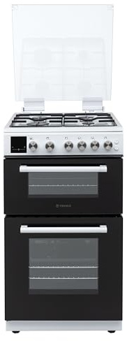 Teknix TKGD50W 50cm Gas Cooker with Lid – Freestanding Double Oven & Grill, 4 Burner Hob, LPG Convertible, Easy Clean Enamel, White – A+ Energy Rated