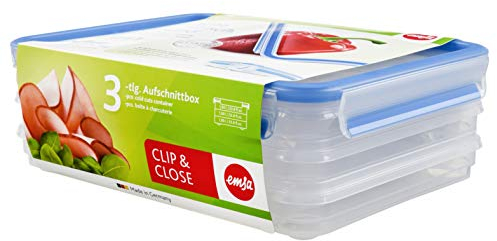 EMSA Clip & Close Frischhaltedosen-Set, rechteckig, 3 x 1 L, Aufschnittboxsystem mit Deckel, Aufbewahrungsboxen, 100 Prozent dicht, spülmaschinen-, gefrier-, mikrowellenfest, Transparent, Blau, 508556