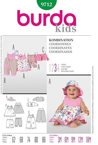 Burda Toddlers Sewing Pattern 9712 - Dress, Pants, Dungarees, Jacket & Hat Ages: 3-18 Months