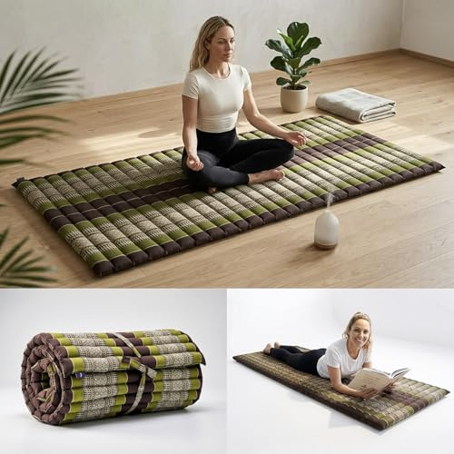 Leewadee Thai Roll Mat 190 x 70 cm Kapok Firm | Breathable folding mattress for sleeping, yoga, meditation & massage. For travel, camping, the car or as a guest bed
