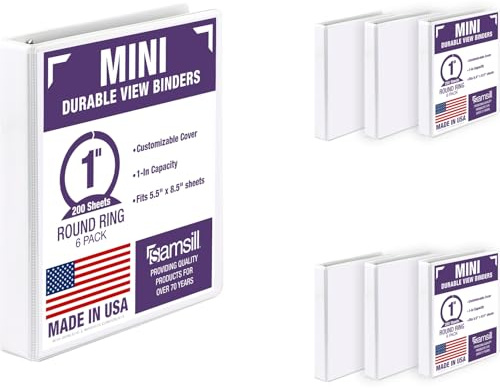 Samsill Economy 1 Inch Mini 3 Ring Binder, Round Ring Binder, Holds 5.5 x 8.5 Inch Documents, Customizable Cover, 1 View, 6-Pack, White