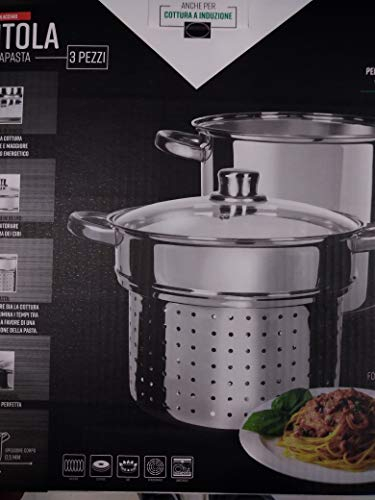 Set CUOCIPASTA PENTOLA+CESTELLO+Coperchio Anche per Piastre AD INDUZIONE CM.24 Acciaio Inox Ottimo per Cucinare E SCOLARE Pasta, Verdure, BRODO