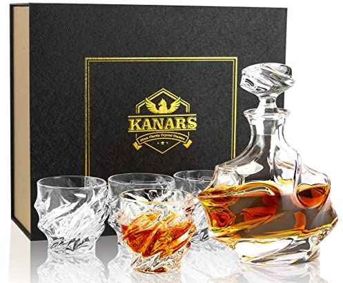 KANARS Bottiglie e Bicchieri da Whisky, Decanter da Whiskey Cristallo, 750 ml Bottiglia con 4x 260 ml Bicchieri per Cognac, Martini, Whisky, Scotch, Bourbon, Bellissimo Regalo, 5 Pezzi