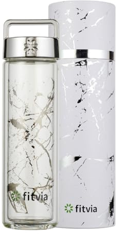 fitvia Thermoflasche Silver Marble 380 ml – Doppelwandiger Thermobehälter mit stilvollem Marmor-Design, integriertes Teesieb & praktischem Tragegriff, robuster Isolierbehälter als Trinkbecher