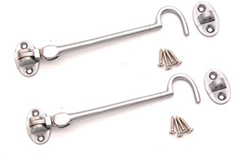 Pack of 2, 6 (150mm) Heavy Duty Brass Cabin Hook & Eye Silent Catch/Latch/Holder/Back Gate/Shed/Patio Door in Various Finishes (Satin Chrome)