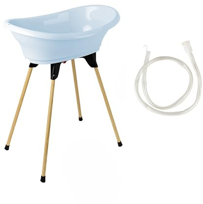 THERMOBABY Kit baignoire bébé Vasco Fleur bleue Fabriqué en France | Kit fleur bleue avec baignoire, pied en bois pliable et tuyau de vidange, stable, innovation brevetée, fabriqué en France.