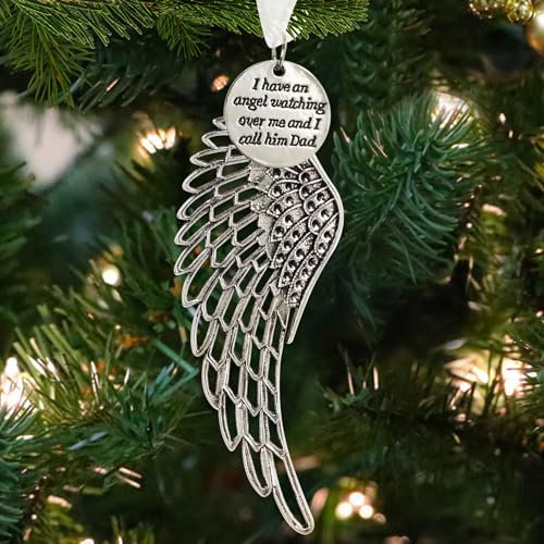 Yueshop Christmas Memorial Baubles, “I Have An Angel Watching Over Me” Round Shape Design Angel Wings Shaped Pendants Christmas Tree Ornaments Hanging Decoration (Dad)