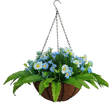 Hogar y exterior Patio Seda Bastante Artificial Verde Helecho Hierba Persa Y Artificial Azul Crisantemo Acuático DIY Daisy Cadena Colgante Canasta Decoración (Gran Canasta)
