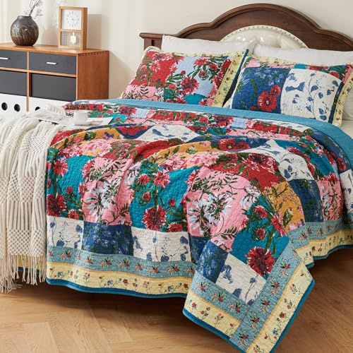 EVENHUG 100% Cotton Patchwork Quilt Queen Size Set Lightweight Floral Queen Quilts Bedding Set Bedspread Coverlet Reversible Bed Cover with Pillow Shams for All Seasons 3 Pieces (92X96)